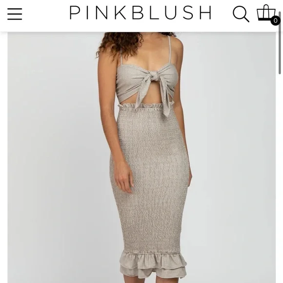 Pinkblush Mocha Gingham Print Smocked Fitted Self-Tie Maternity Midi Dress Small - Picture 6 of 13